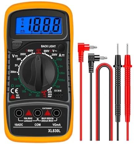 Multímetro Digital Profesional, Tester Eléctrico con Pantalla Retroiluminada, Medición AC/DC de Voltaje y Corriente, Continuidad, Diodos y Transistores HFE, Funda protectora