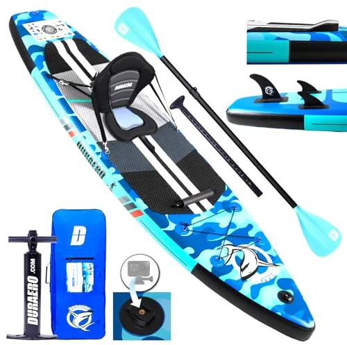 Tabla Hinchable de Paddle Surf con Asiento de Kayak, 330 x 76 x 15 cm, hasta 150 kg, Almohadilla Integrada, Aleta Desmontable, Doble Remo Ajustable, Kit de Reparación, Camuflaje Azul