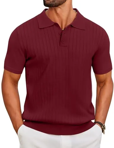 COOFANDY Polo Hombre Manga Corta de Punto Camiseta Polo Verano Casual Regular Fit Golf Shirt Burdeos L