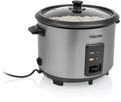 Tristar Olla Arrocera, Capacidad 1,8 L, Cuerpo de Acero Inoxidable con Tapa de Cristal, Recipiente Antiadherente, Apagado Automático y Función Mantener Caliente, 700 W, RK-6148