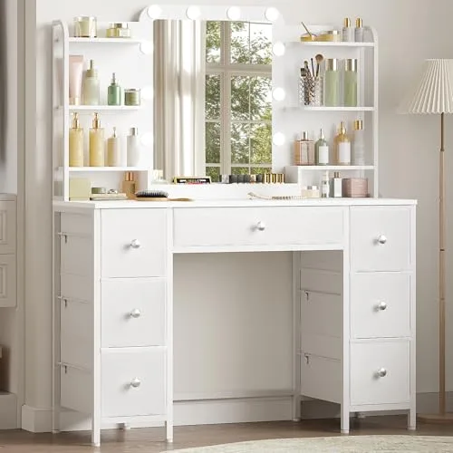 Hzuaneri 108 cm Tocador de Maquillaje con Iluminación LED, Espejo Grande HD, 7 cajones, 6 estantes, tocador de Maquillaje con luz, 40 x 108 x 142 cm, Blanco Moderno DT42303XEU