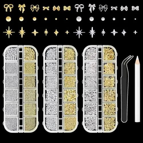 Sularpek 3 Cajas de Accesorios para Uñas, 36 Diseños de Encantos con Lazos, Estrellas, Perlas y Pinzas, en Oro y Plata, Kit de Arte de Uñas para Decoración DIY