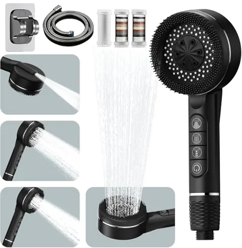 Alcachofa de Ducha con Filtro, Filtro Cabezal de Ducha con Manguera de 1.5M y soporte, Alcachofa Ducha Antical 4 Modos de Chorro Cabezal Ducha de Alta Presión con botón de ON/OFF para Agua Dura,Negro