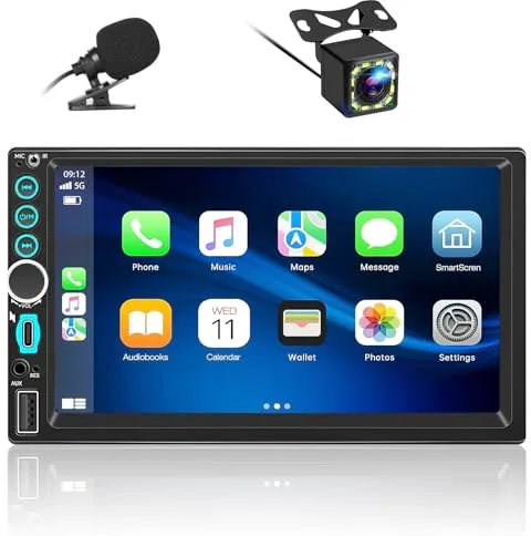 Radio Doble DIN con inalámbrico Carplay inalámbrico Android Auto Radio con Pantalla, 7 Pulgadas Car Play Autoradio 2 DIN Touchscreen Display Bluetooth, Mirror Link, AUX/FM/, SWC, Cámara Trasera