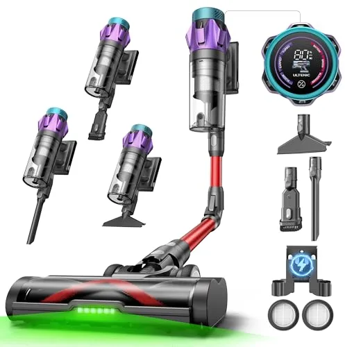 Ultenic U18Pro Aspiradora sin Cable 55Kpa/80Mins, Sistema Multiciclón, Display con Tiempo Restante en Minutos y Limpieza sin Agacharse, Escoba Aspirador Anti-enredos para Pelo de Mascotas y Alfombras