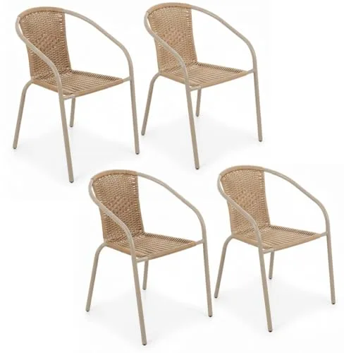 LOLAhome Pack 4 Sillas Jardín Exterior | Sillon Ratan Beige y Acero con epoxi Anticorrosión | Apilables | Cómodas y Resistentes | Balcón, Terraza o Jardín | Trivia