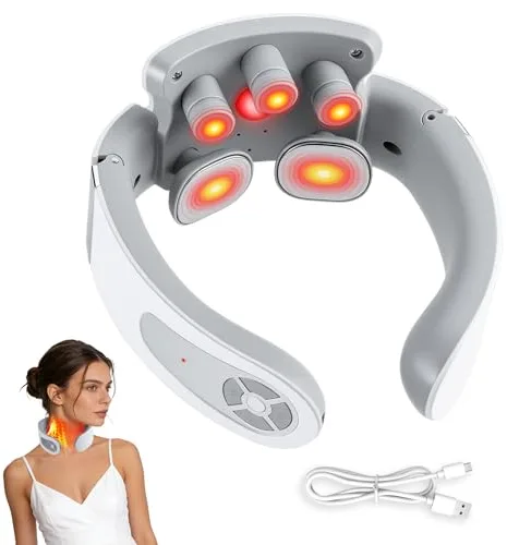 Feelhap Masajeador Cervical, Masajeador de Cuello, masajeador cuello Eléctrico Portátil Voz Inteligente con Terapia Calor 42°C, 5 modos y 15 Niveles masajeador Cuello Cervical para Oficina y Viajes