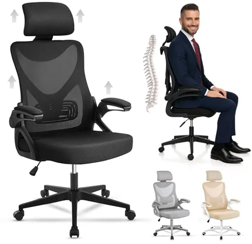 EveryKip® Silla Escritorio Ergonomica Ajustable con Reposabrazos Negro| Ruedas Anti-Arañazos | Sillas Oficina Ejecutiva con Reposacabezas | Cadeira Ergonómica Office Chair (Negro)