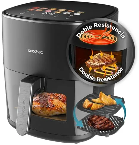 Cecotec Freidora de Aire sin Aceite 6,5L con Doble Resistencia Cecofry&Grill Duoheat 6500 Plus. 2200W, Air Fryer, Grill y Plancha, Pizzas, Ventana Visualización, 12 Menús, Temperatura 40-200°C