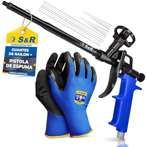 S&R Pistola para Espuma de Poliuretano 330mm Profesional PTFE – Pistola Espuma PU Antiadherente de Metal – Dosificación Precisa – Rosca M12 – Foam Gun + Guantes de Trabajo Incluidos