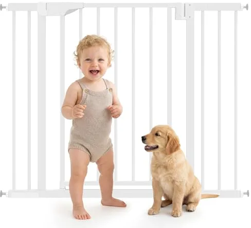 PawHut Barrera de Seguridad para Niños y Perros, Extensible 76-103 cm, Puerta para Perros para Puertas y Escaleras, Bloqueo Doble, Cierre Automático, Montaje a Presión, 2 Extensiones 7/14 cm, Blanco