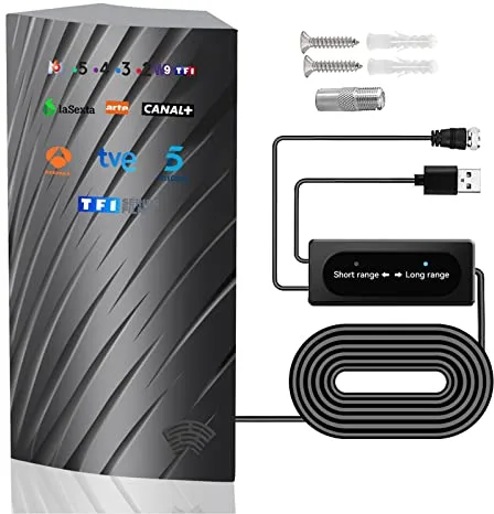 Antena de TV Exterior Interior, 39DBI Antena TV de 480km Impermeable con Cable Coaxial 10M, Amplificador Inteligente de Señal y Modo de Doble Señal para Canales de 1080P 4K DVB-T DVB-T2