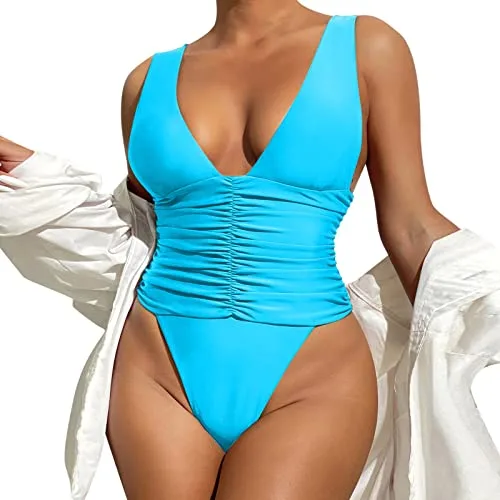 Bañadores Mujer Natacion Faja Modeladora Mujer 2026 Nuevo Traje de Baño de Cintura Alta Plisado Sexy Traje Baño Bañador Una Pieza Bañador con Falda (Blue L)