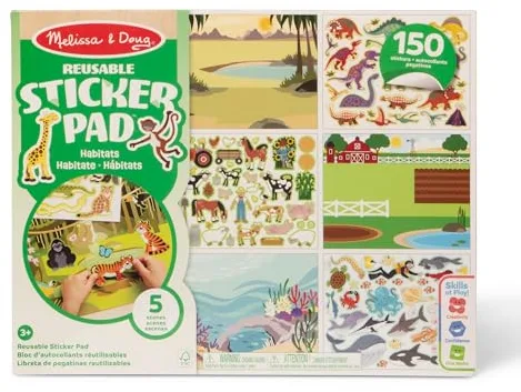 Melissa & Doug - Bloc de Pegatinas Infantiles Hábitats, Naturaleza - Libro Pegatinas Reutilizables: 150 Autoadhesivos, 5 Escenas, 6074872, Manualidades Niños, Regalo Niño 3 años + Stickers Infantiles