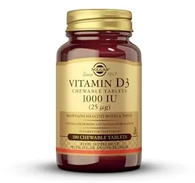 Solgar – Vitamina D3 1000 UI (25 µg) - Cuida tu sistema inmunológico – Protege tus defensas – Contribuye al mantenimiento de los huesos y absorción del calcio - 100 comprimidos masticables