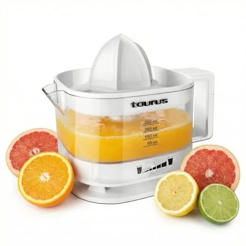 Taurus – Exprimidor Eléctrico TC-350, 25W, Zumo Cítricos, Filtro Pulpa Ajustable, Jarra Transparente 350ml, Sin BPA, Desmontable, Doble Sentido Rotación, Lavavajillas, Base Antideslizante, Blanco