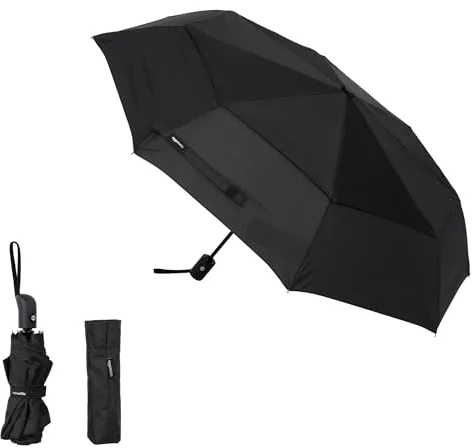 Amazon Basics Paraguas compacto de viaje automático, resistente al viento, con sistema de ventilación antiviento, Redonda, Negro, tamaño único, 28 x 98 cm