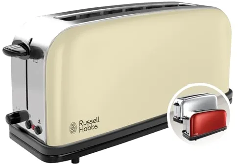 Russell Hobbs Tostadora Colours Plus - 1 Ranura Larga y Ancha para 2 Rebanadas, Bandeja Recogemigas, Calientapanecillos, Función Cancelar y Descongelar, Acero Inoxidable, Crema - 21395-56