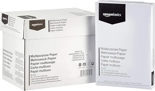 Amazon Basics Papel multiusos para impresora A4 80gsm, 2500 Unidad, 5 Paquetes de 500, Blanco
