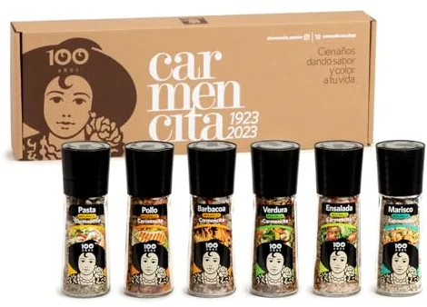 CARMENCITA - Pack Foodie 6 Molinillos de Especias para Cocinar | Sabores recién molidos | Sazonador Barbacoa | Pollo, Cerdo y Pavo | Pasta y Pizza | Verdura y Curry| Pescado y Marisco| Ensalada Vegan