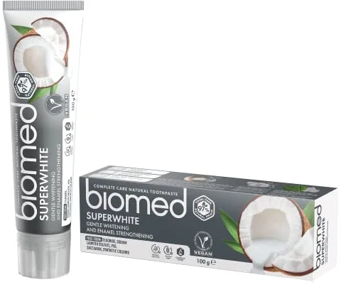 Pasta de dientes blanqueadora 97 % natural Biomed Superwhite, Fortalecedora de esmalte, Sabor a coco, apto para veganos, sin SLES 100 g