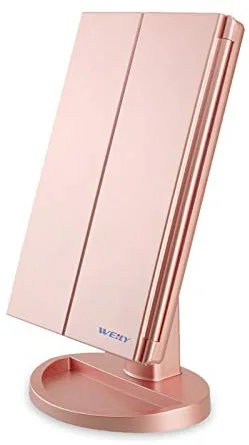 Espejo de maquillaje de Weily con tres paneles plegables, aumento de 1x, 2x, 3x, iluminado con luces LED naturales, pantalla táctil, recargable