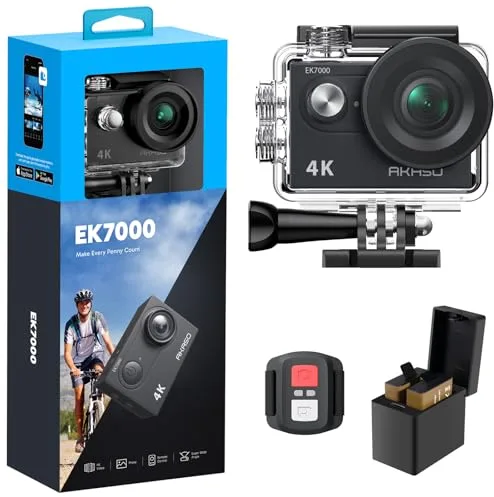 AKASO Cámara Deportiva 4K, 30FPS 20MP WiFi Cámara de Acción, Gran Ángulo 170° con Control Remoto 2.4 G, Camara Acuatica Sumergible 30M con 2 Baterías Estabilización EIS (EK7000)