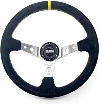 OCC Motorsport - Volante Deportivo Track, Desplazado 350mm, de Piel Vuelta, 3 Brazos Color Plata, con Costuras Amarillas, Compatible con Simuladores y Vehículos sin Airbag