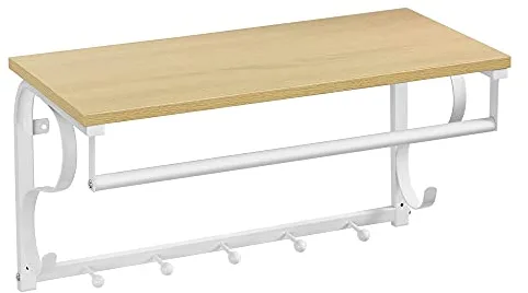 VASAGLE - Perchero de pared industrial con estante, 5 ganchos, barra de suspensión para pasillo, cuarto de baño, sala de estar, color madera y blanco LCR11WY