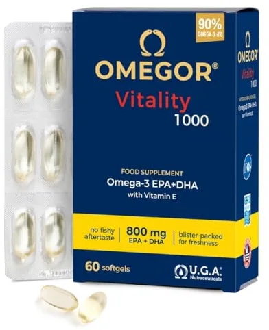 OMEGOR Vitality 1000 Omega 3 60 Cápsulas IFOS Certificado - Aceite de Pescado Omega-3 1000mg con EPA y DHA - Libre de Metales Pesados, Sin Sabor a Pescado, Facil de Digerir