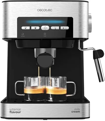 Cecotec Cafetera express Power Espresso 20 Matic. 850 W, 20 Bares, 1,5L, Brazo Doble Salida, Vaporizador, Superficie Calientatazas, Mandos Digitales, Acabados en Acero Inoxidable, Negro/Plata