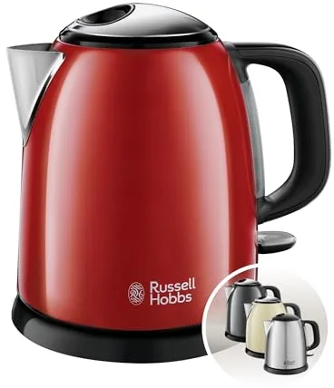 Russell Hobbs Hervidor de Agua Eléctrico Colours Plus - 1 litro, Hervidor Pequeño, 2400 W, Filtro Extraíble, Zona de Ebullición Rápida, Base de 360°, Indicador Nivel de Agua, Inox., Rojo - 24992-70