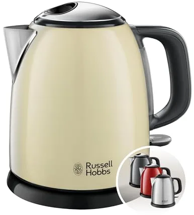 Russell Hobbs Hervidor de Agua Eléctrico Colours Plus - 1 litro, Hervidor Pequeño, 2400 W, Filtro Extraíble, Zona de Ebullición Rápida, Base de 360°, Indicador Nivel de Agua, Inox., Crema - 24994-70