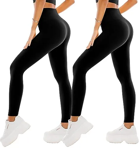 SINOPHANT 2 Leggins Mujer Pantalon Yoga Mallas Deporte Leggings Suaves Elásticos de Cintura Alta Tallas Pilates S-M 2 Negro/Negro