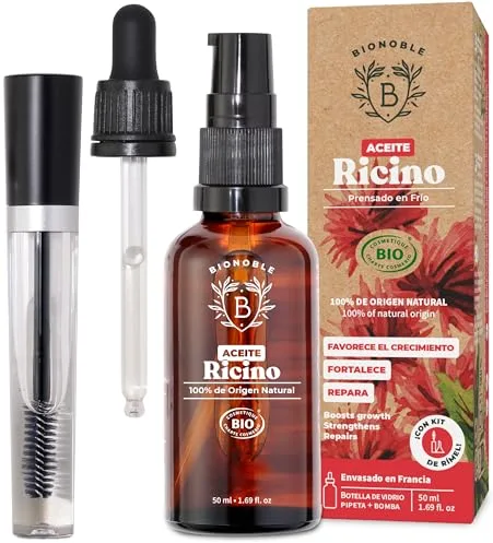 BIONOBLE Aceite de Ricino Organico + Kit de Rímel, Prensado en Frío - Pestañas, Cabello, Cejas - Vegan Castor Oil - Aceite de Ricino 100 Puro y Natural - Botella de Vidrio, Pipeta, Bomba - 50ml