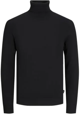 JACK & JONES Hombres Jersey Fino de Cuello Alto clásico Suéter de Cuello Redondo Manga Larga básico JJEEMIL., Color:Negro, Talla Sudadera:XL