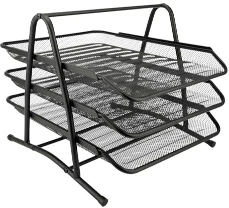 D.RECT 7610, Bandeja para Cartas de 3 Niveles de Malla metálica, A4, Bandeja Organizadora de Cartas, Uso en Casa u Oficina, Color Negro, Normal