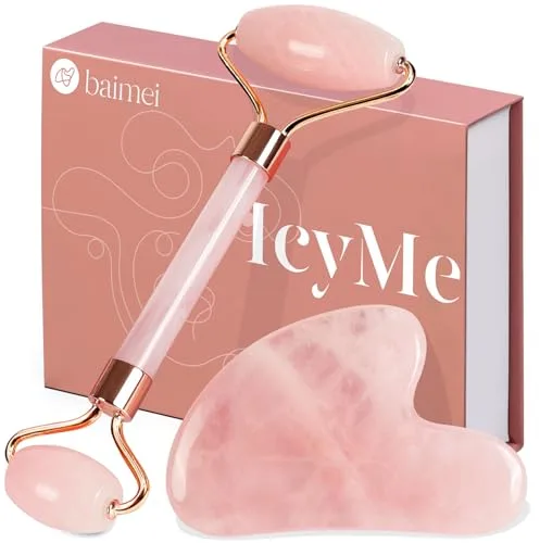BAIMEI Gua Sha & Jade roller,cuarzo rosa GuaSha,masajeador facial gifts for women,Relajante de Los Músculos del Cuerpo, Mejora Las Bolsas de Los Ojos