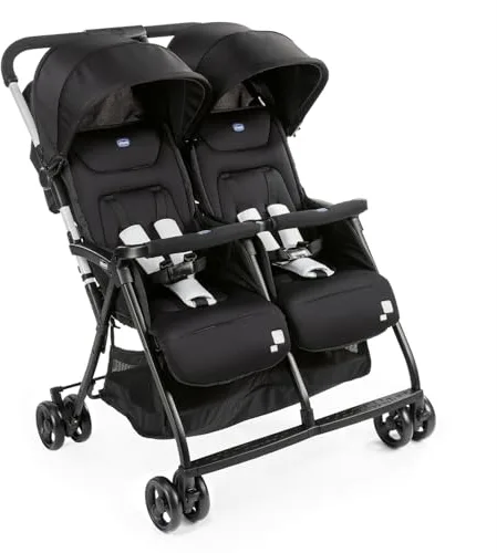 Chicco OHlalà Twin Silla de Paseo Gemelar desde 0 Meses hasta 15 kg para Gemelos y Hermanos, Cochecito Doble Reclinable y Plegable, Ligero, Plegado Compacto, Cubierta Lluvia - Color Negro