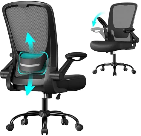 SONGMICS Silla de Oficina, Silla de Escritorio de Malla, Silla Giratoria Ergonómica, Soporte Lumbar, Oscilante, Asiento de 53 cm, Apoyabrazos Abatibles, Negro OBN037BKV2