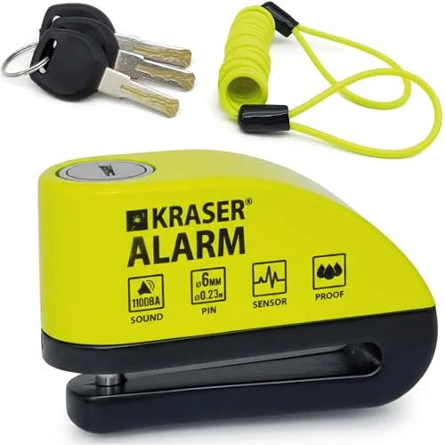 KRASER WA6Y Candado Moto con Alarma 110dB, Antirrobo Disco Reforzado, 3 Llaves (Otros 2) Alta Seguridad, Impermeable, Accesorios Cable Bolsa Pilas, Pinza Cepo Bloqueo 6mm Universal Scooter Bicicleta