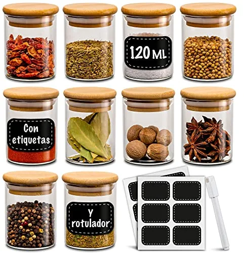 Praknu Botes Especias Cristal 120 ml - 10 Tarros Especias de Cristal con Tapa - Rotulador & Etiquetas - Herméticas - Aptos para Lavavajillas - Organizador para Cocina - Hierbas & Té