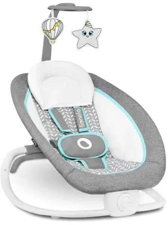 LIONELO Pascal baby bouncer delicadas vibraciones 12 melodías incorporadas con control de volumen ajuste del respaldo barra de juguetes interactivos plegable a tamaño compacto (Grey Scandi)
