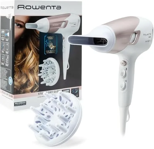 Rowenta Studio Dry CV5830 Secador de pelo 2300 W, Tecnología Effiwatts, 6 ajustes de velocidad/temperatura, Termocontrol, generador iónico, aire frío, difusor, cable 1.8 m, Blanco