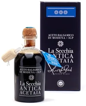 La Secchia - Aceto Balsámico de Módena IGP "Tres Estrellas", madurado en 12 barricas de Cerezo-Morera, densidad media, botella de 250 ml con tapón dosificador de corcho.