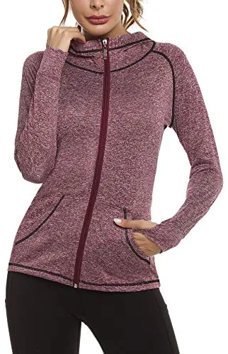Sykooria Chaqueta Deportiva Mujer Manga Larga Running Sudaderas Mujer con Bolsillos Sudadera Mujer Cremallera y Capucha con Agujeros para los Pulgares S-XXL