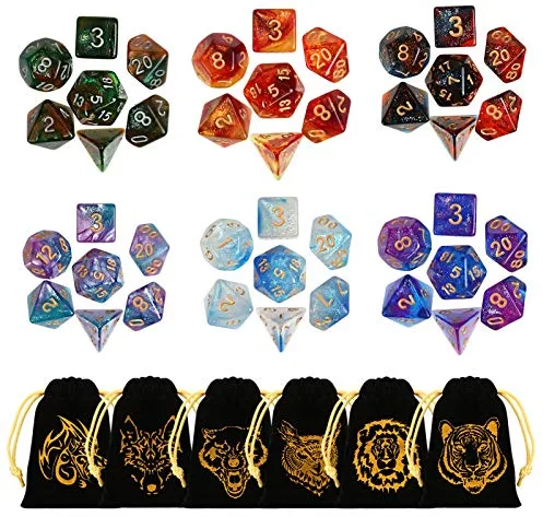 GWHOLE 6 Conjuntos Dados de rol(42 Piezas) Dado Poliédrico Professional para Juegos de Mesa, Dungeons y Dragons DND RPG MTG Juegos de rol con Bolsa Negra Portátil