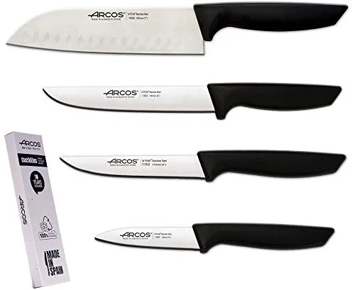 Arcos Juego Cuchillos Cocina Profesionales| Cuchillos Cocina Profesional | Cuchillos Acero Inoxidable Mango Negro | utensilios de cocina | cuchillo japones Santoku | lavavajillas (4 Piezas)