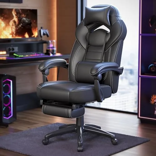 SONGMICS Silla Gaming, Silla de Oficina, Ordenador, Diseño Ergonómico, con Reposapiés, Reposacabezas Ajustable, Cojín Lumbar, Capacidad de Carga 150 kg, Negro OBG077B01