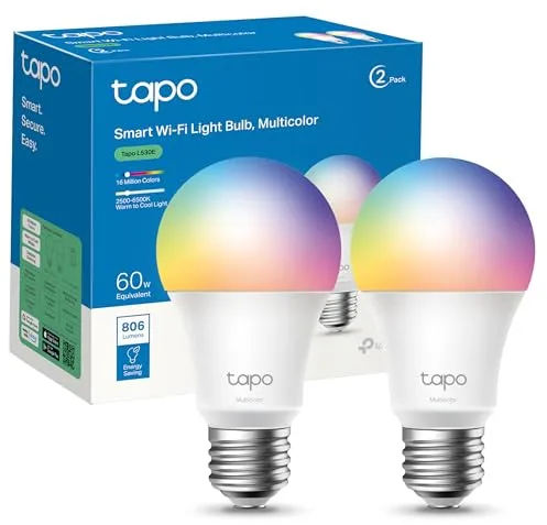Tapo L530E – Bombilla LED inteligente Wi-Fi, multicolor, regulable, casquillo E27, 8.3W, 806 lúmenes, compatible con Alexa y Google Home, paquete de 2 (paquete de 1)